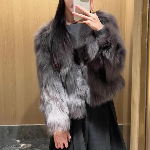 Shinsei-Round Neck Plain Faux Fur Jacket