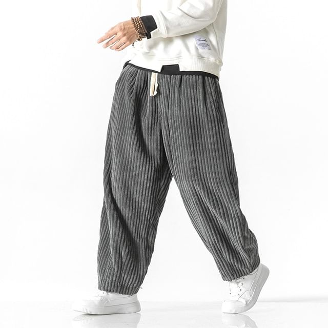 Blueforce-Drawstring Waist Plain Corduroy Cropped Barrel Leg Pants