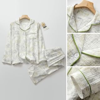 Finlies Pajama Set Long Sleeve Collared Floral Print Shirt + Elastic Waist Pants