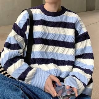 Urtishia-Long-Sleeve Crew Neck Striped Sweater