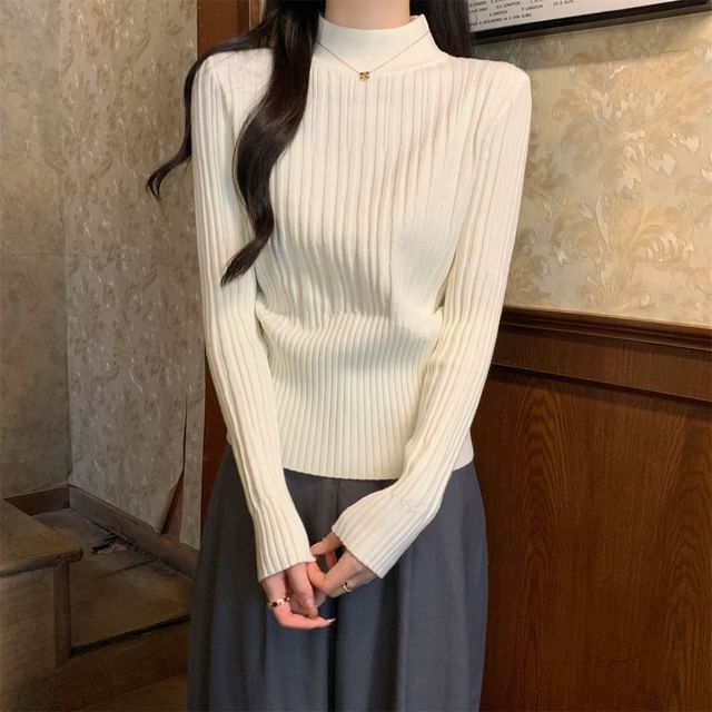 Porstina-Mock Neck Plain Ribbed Sweater