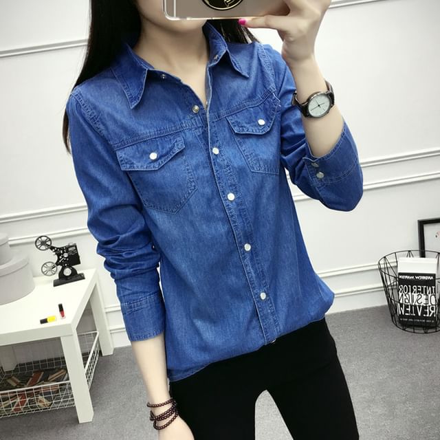 PANDAGO-Long-Sleeve Denim Shirt