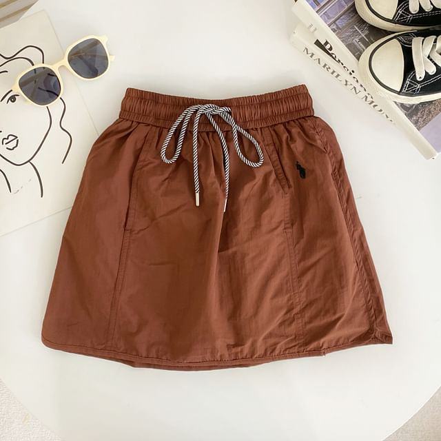 Iasia-Drawstring Waist Plain Panel Mini A-Line Skirt