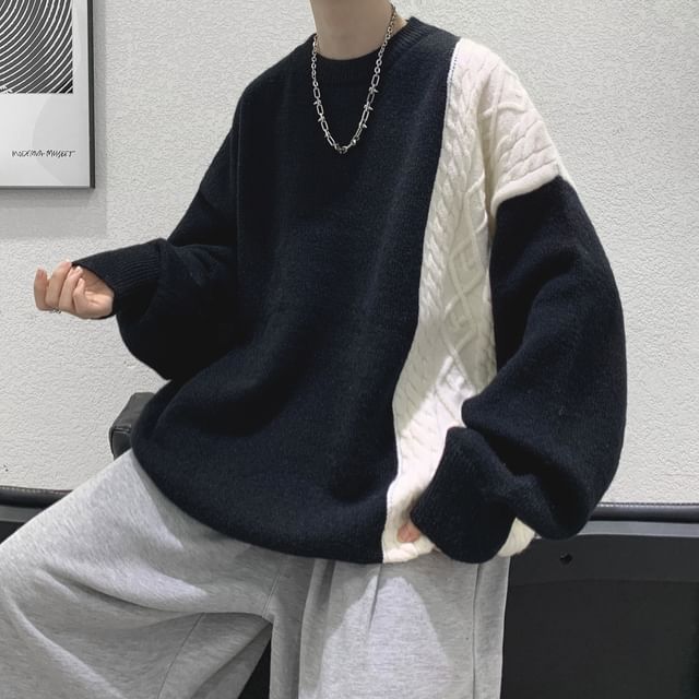 DuckleBeam-Crew Neck Color Block Cable Knit Sweater