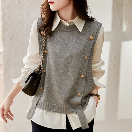 Brigitte - Long-Sleeve Plain Button-Up Shirt / Plain Crew Neck Sweater Vest