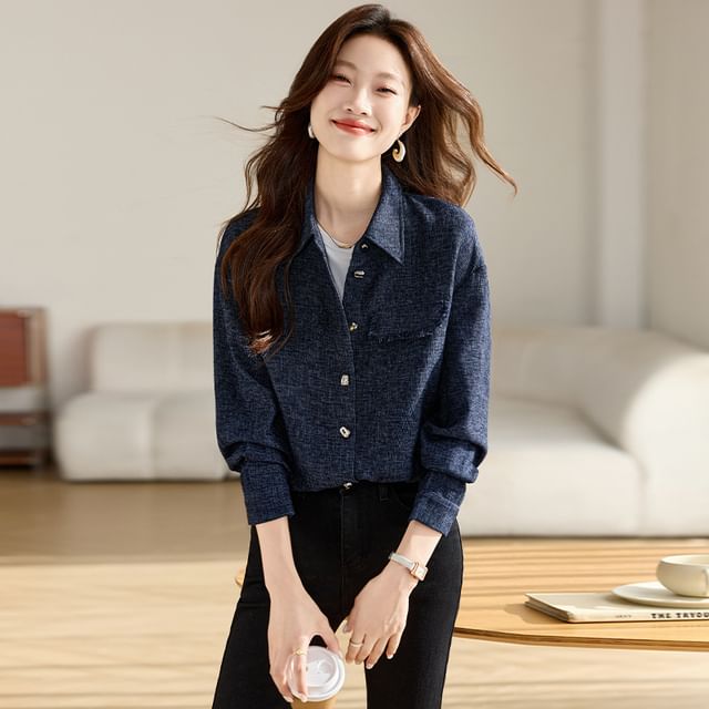 Jeonseon-Long-Sleeve Button-Up Plain Shirt