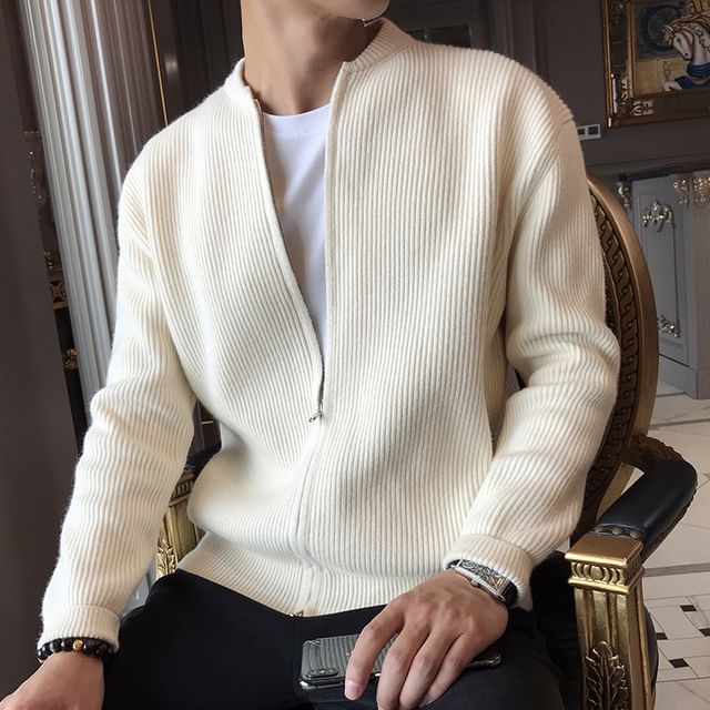 DuckleBeam-Crewneck Plain Zip Ribbed Oversize Knit Jacket