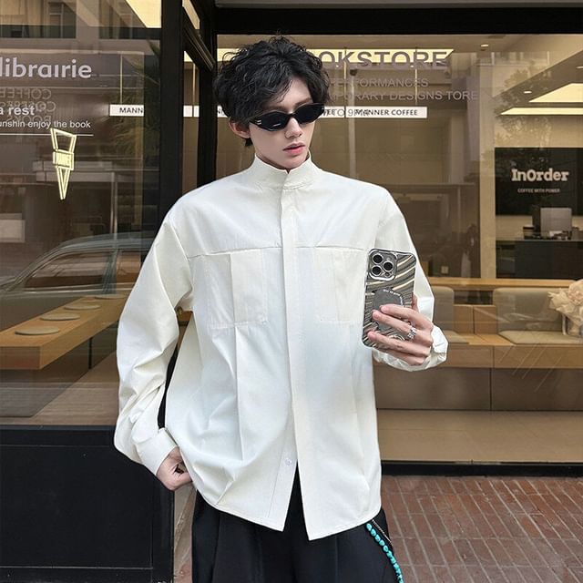 ravewider-Long-Sleeve Mock Neck Plain Shirt