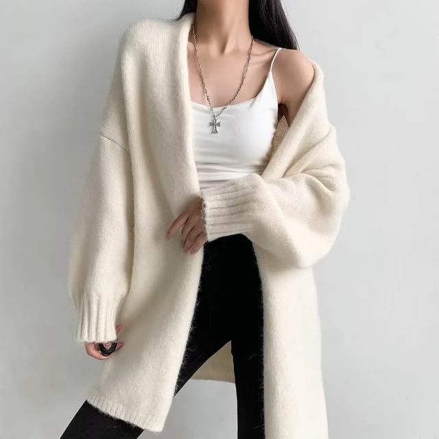 Asiris-Puff Sleeve Plain Long Cardigan