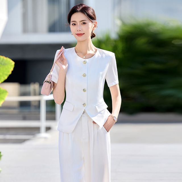 Princess Min-Set Short-Sleeve Round Neck Plain Front-Slit Blouse High Rise Straight Leg Pants