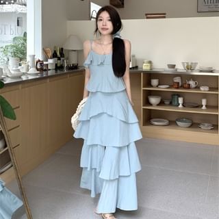 Spaghetti Strap Plain Tiered Maxi A-Line Dress