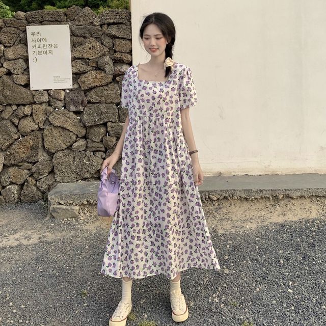Korean Summer Floral Dresses 2019 Long Frock Designs Flower Print Dresses  2019 Women Indian Summer
