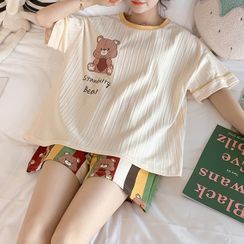 Sweetzer - Pajama Set: Short-Sleeve Bear Print T-Shirt + Shorts