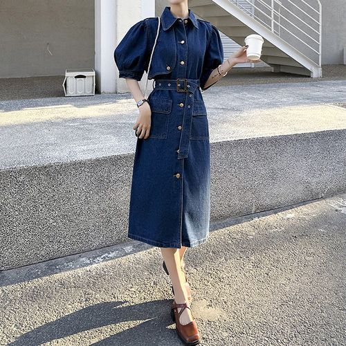 Jinyo - Puff Sleeve Collared Washed Belted Button Midi A-Line