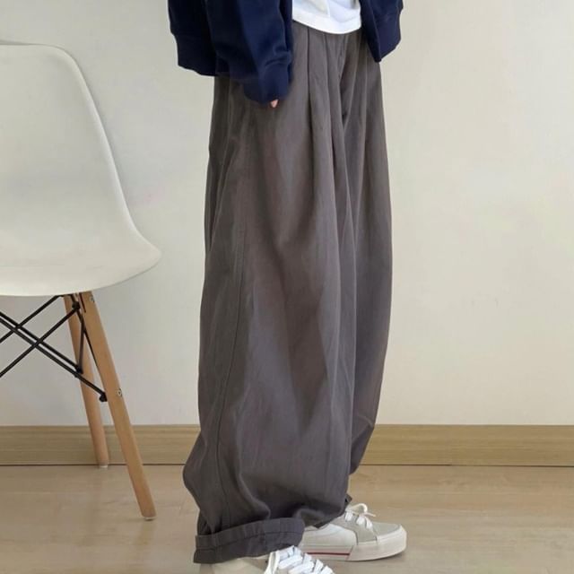 Shineon Studio-Mid Rise Plain Wide Leg Pants