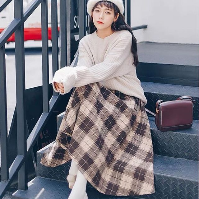 PANDAGO Plaid Midi A-Line Skirt YesStyle