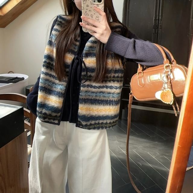 Beem-Long-Sleeve Turtleneck Plain Button Knit Top Color Block Tie Front Vest High Waist Wide Leg Pants