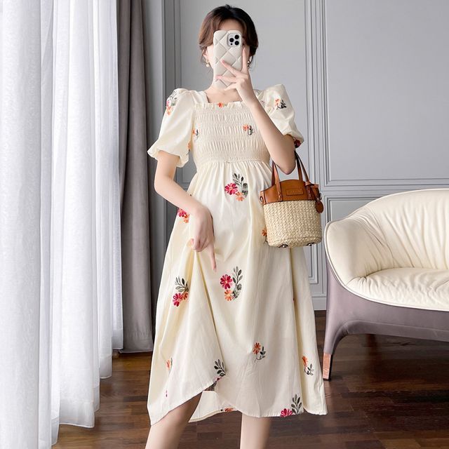 Empressa - Maternity Puff-Sleeve Square Neck Flower Embroidered Midi A-Line  Dress | YesStyle