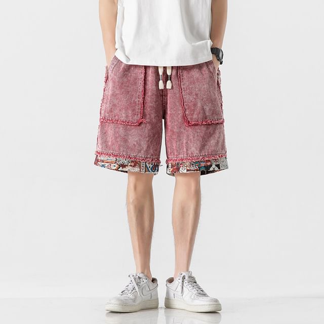VEAZ-Drawstring Waist Washed Fray Panel Denim Shorts