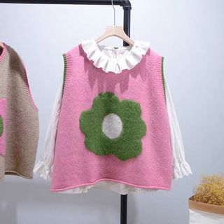 Oykot Color Block Flower Knit Vest