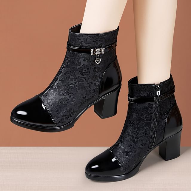 Freesia-Patent Leather Panel Jacquard Block Heel Short Boots