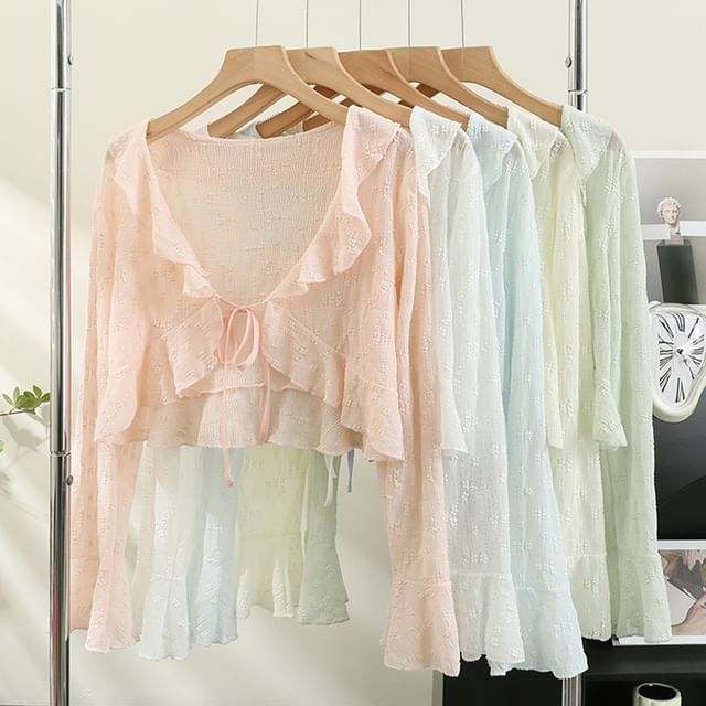 Lady Jean-V-Neck Plain Ruffle Tie Front Bolero