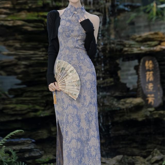 Nebbia - Halter-Neck Floral Print Shirred Slit Midi Bodycon Dress / Shrug /  Set | YesStyle