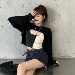 PINPI - Long-Sleeve Cutout Crop Top/ Two-Tone Crop Tank Top PINPI - Long-Sleeve Cutout Crop Top/ Two-Tone Crop Tank Top