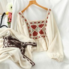 Miss Puff - Long-Sleeve Knit Panel Chiffon Top Miss Puff - Long-Sleeve Knit Panel Chiffon Top