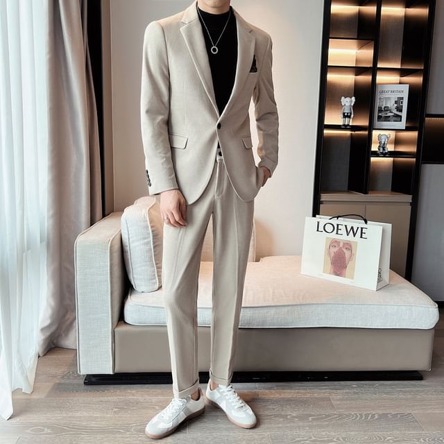 Bay Go Mall-Set Notch Lapel One-Buttoned Plain Blazer Mid Rise Cropped Straight Leg Dress Pants