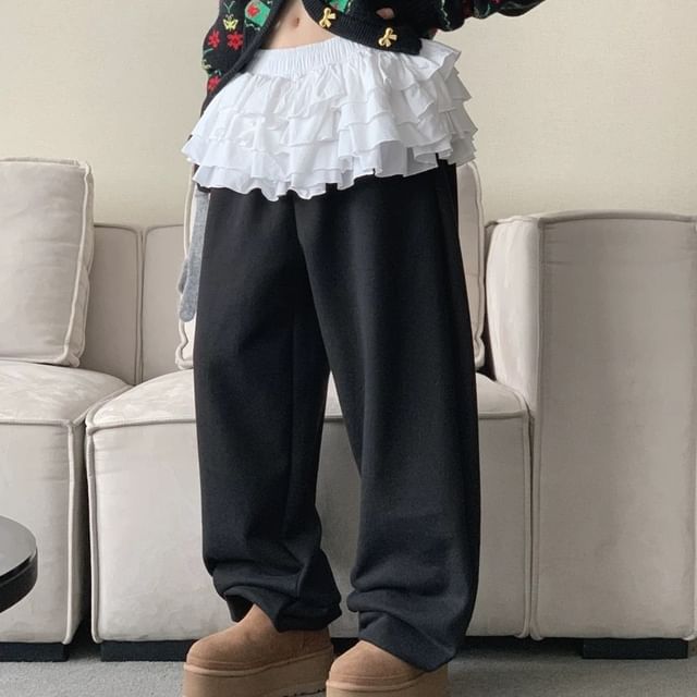 PINPI-Elastic Waist Ruffle Panel Baggy Sweatpants