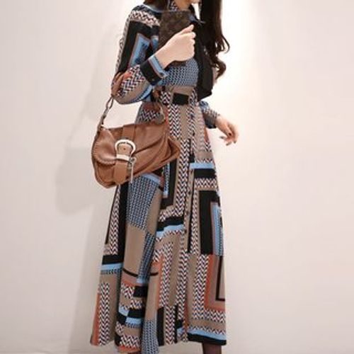 Patterned Long-Sleeve Midi Shirt Dress 
