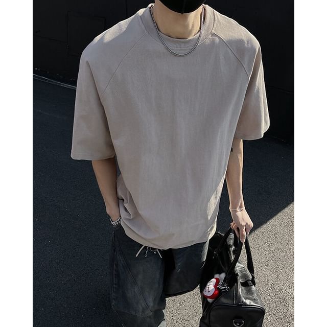 Omozando-Elbow-Sleeve Round Neck Plain Oversized T-Shirt