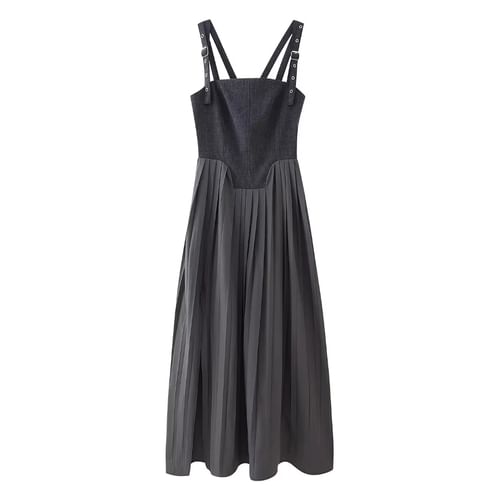 Rerise - Plain Pleated Maxi Dungaree Dress