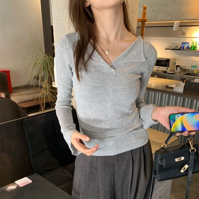 Beem-Long-Sleeve Split Neck Plain Slim Fit Knit Top