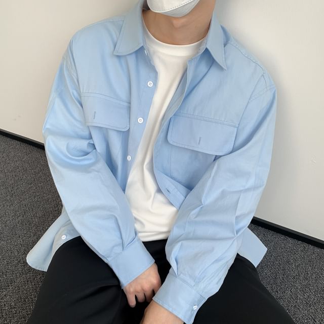 DAZO Studios-Long Sleeve Collared Plain Cargo Shirt