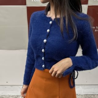DABAGIRL Pearl-Button Fur-Knit Crop Cardigan