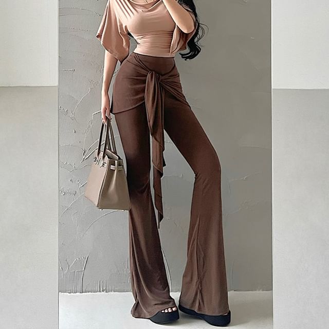 RainGirl-High Waist Plain Tie-Front Bootcut Pants