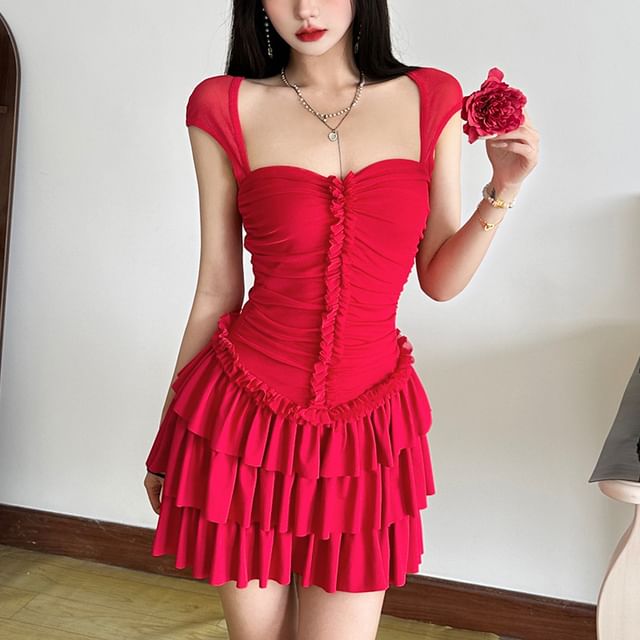 Sosana Cap Sleeve Square-Neck Plain Ruffled Slim-Fit Layered