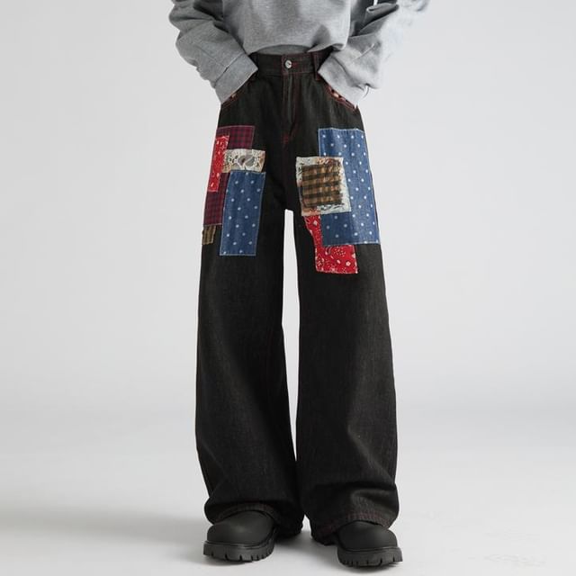 Mimiyox-Mid Rise Patchwork Contrast Stitched Wide Leg Jeans