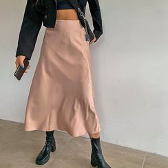 LIPHOP - Zip-Back A-Line Long Satin Skirt LIPHOP - Zip-Back A-Line Long Satin Skirt