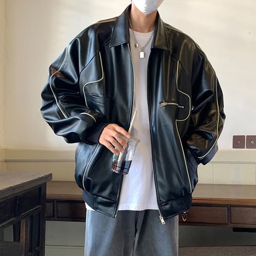 Macho - Collared Contrast Trim Panel Faux Leather Zip Jacket