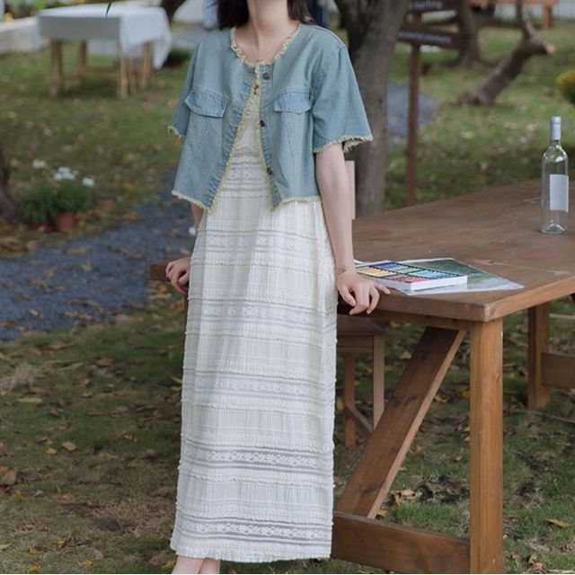 Petit Lace - Spaghetti Strap Plain Panel Maxi A-Line Dress / Short-Sleeve  Round Neck Washed Fray Button Denim Jacket / Set | YesStyle