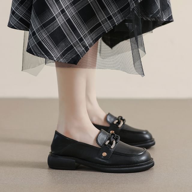 Anran-Round Toe Chain Chunky Heel Loafers