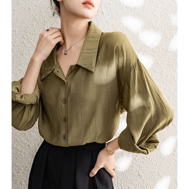 INEN-Long-Sleeve Collared Plain Button-Up Blouse