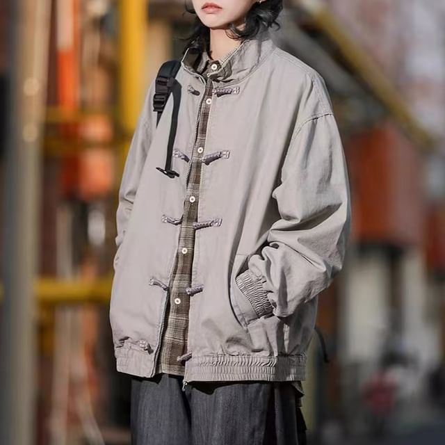 Ateso-Stand Collar Plain Frog Closure Jacket