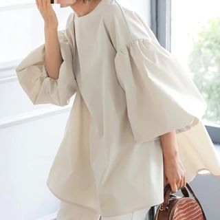 MIKIGA-Balloon Sleeve Round Neck Plain Blouse