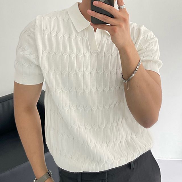 Okwano-Short-Sleeve Collar Knit Top