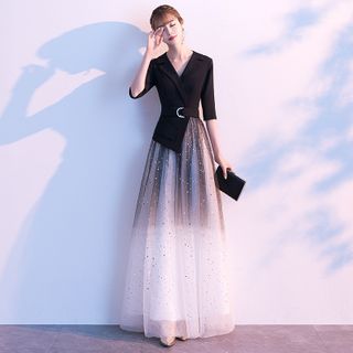 Mackizin Elbow-Sleeve Belted Sequined A-Line Mesh Evening Gown Sale