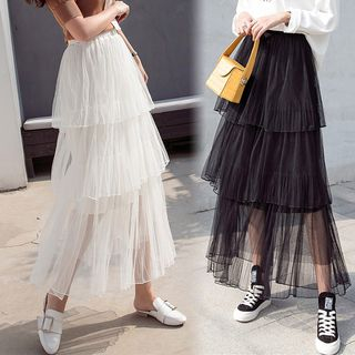 layered net midi skirt
